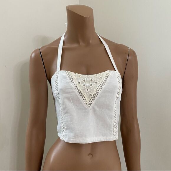 NEW LF VVNVVN White 100% Cotton Embroidered Halter Crop Top M - Picture 2 of 8